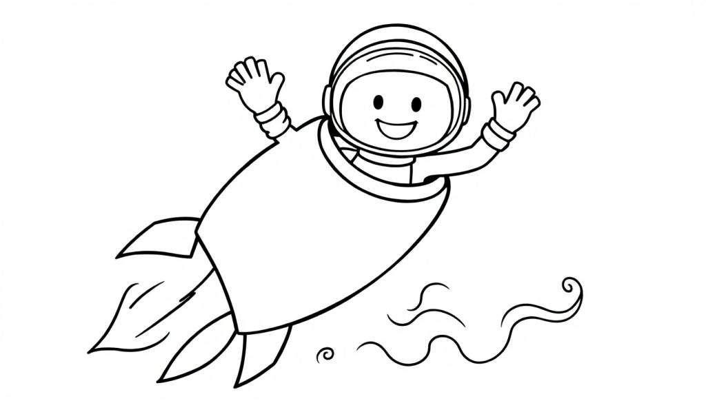 Disegno a fumetti di un astronauta su un razzo, pronto per essere colorato.
