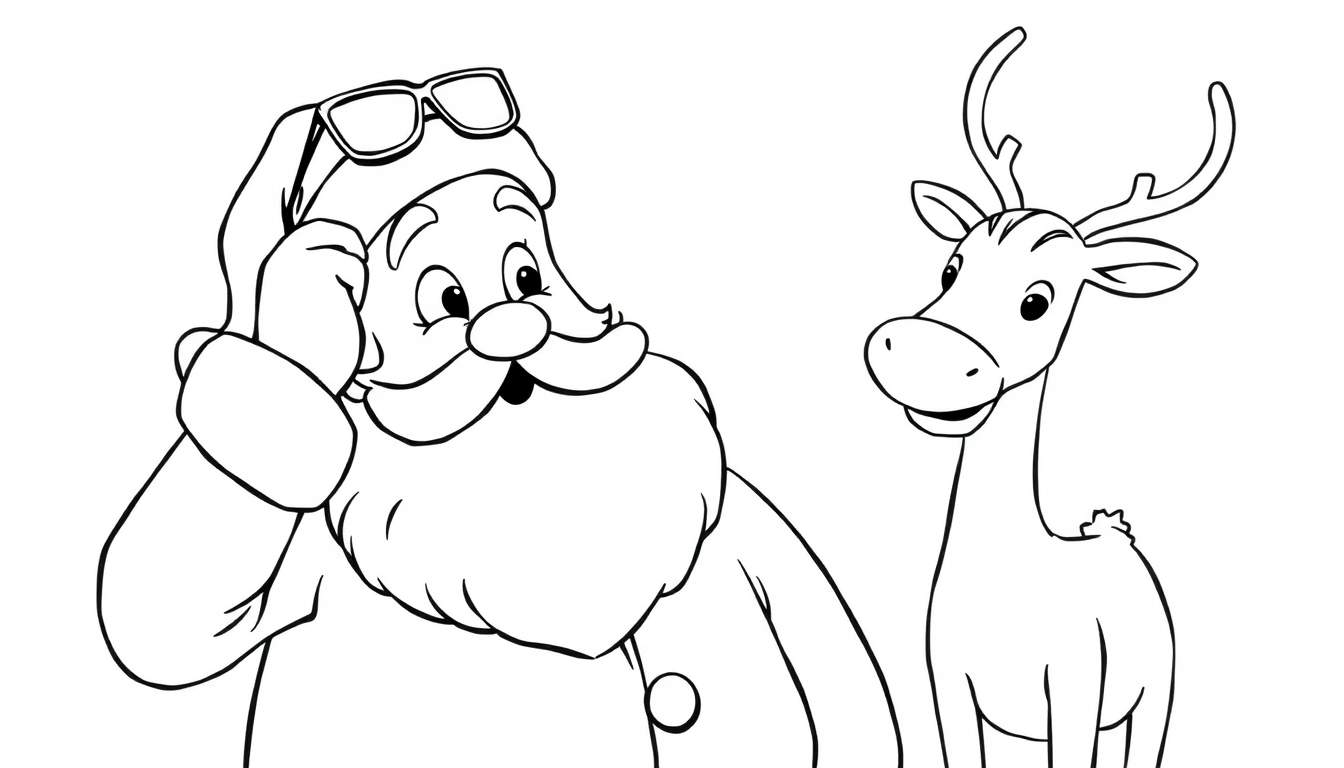 Disegno in bianco e nero di Babbo Natale con barba bianca e cappello che si gratta la testa, accanto a una renna sorridente con corna, pronti per essere colorati.