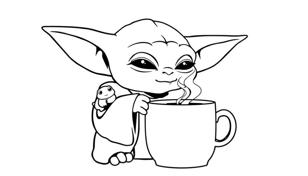 Disegno in bianco e nero di Baby Yoda (Grogu) che beve da una tazza fumante, con una piccola creatura sferica sulla sua spalla.