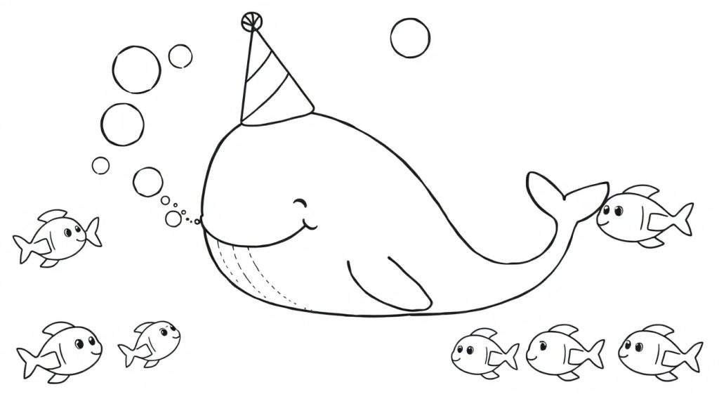 Disegno da colorare di una balena con cappello da festa che soffia bolle, circondata da pesci.