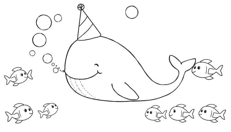 Disegno da colorare di una balena con cappello da festa che soffia bolle, circondata da pesci.