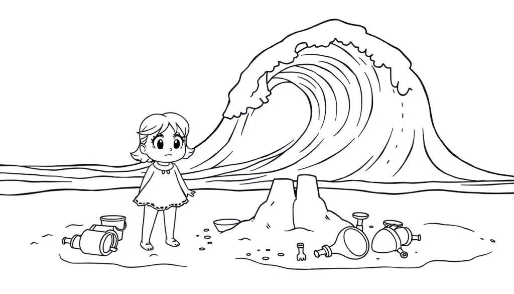Disegno da colorare di una bambina preoccupata sulla spiaggia, con un'onda gigante che si avvicina. Sullo sfondo giocattoli da spiaggia e un castello di sabbia incompleto.