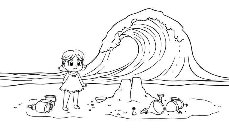 Disegno da colorare di una bambina preoccupata sulla spiaggia, con un'onda gigante che si avvicina. Sullo sfondo giocattoli da spiaggia e un castello di sabbia incompleto.