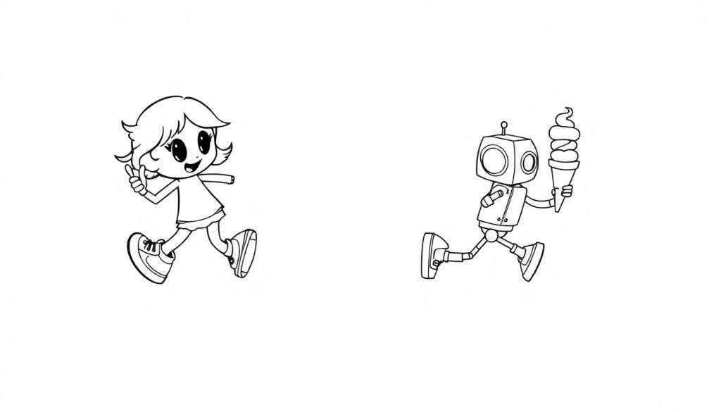 Disegno stilizzato in bianco e nero di una bambina in corsa con un dito alzato e un robot con un cono gelato.