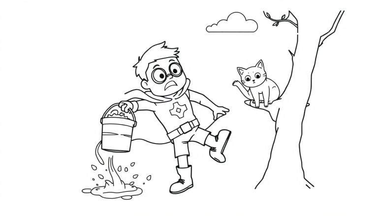 Disegno da colorare: un bambino con mantello e secchio con acqua che cade, espressione preoccupata, accanto a un albero stilizzato con un gatto su un ramo e una nuvola stilizzata.