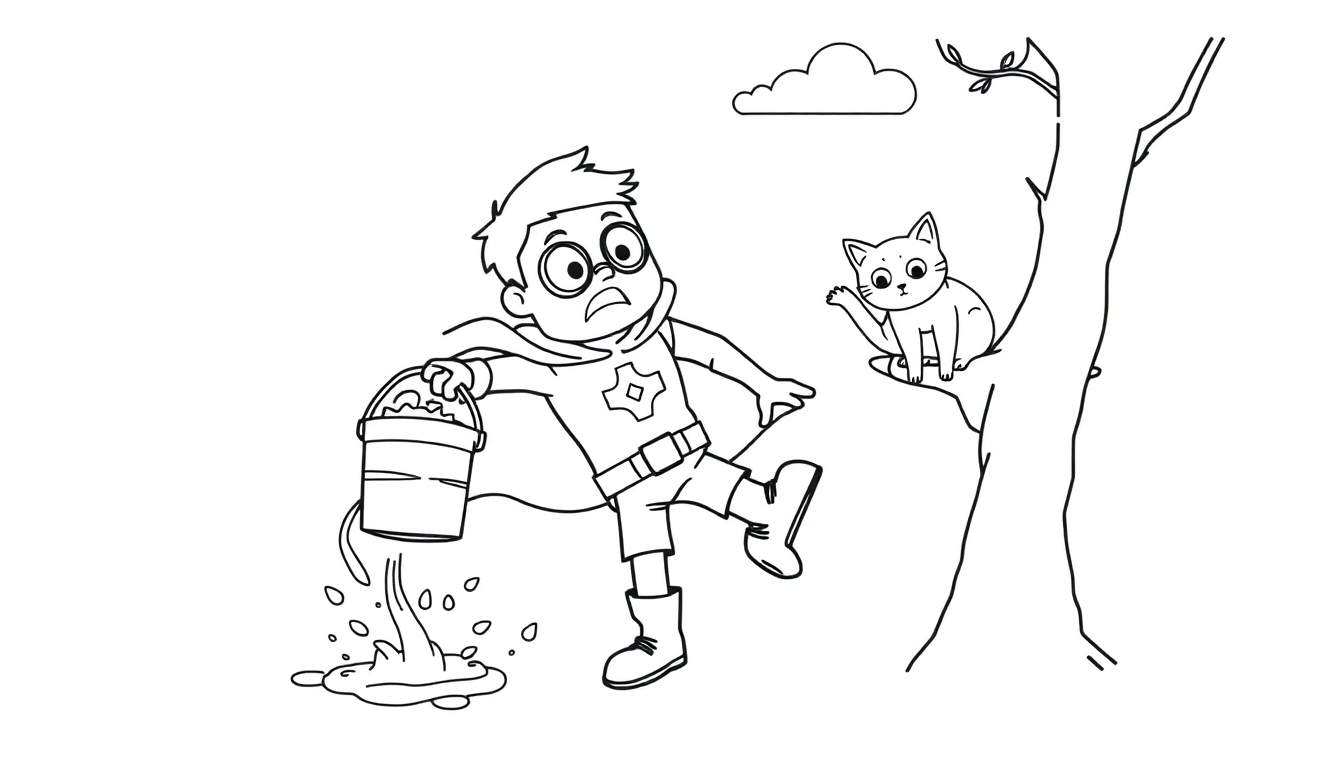 Disegno da colorare: un bambino con mantello e secchio con acqua che cade, espressione preoccupata, accanto a un albero stilizzato con un gatto su un ramo e una nuvola stilizzata.