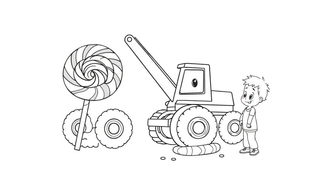 Disegno da colorare di un bambino che guarda una gru giocattolo e un lecca-lecca gigante.