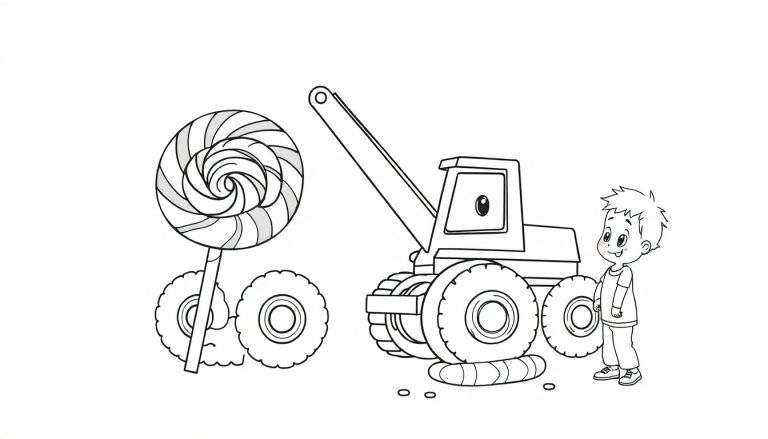 Disegno da colorare di un bambino che guarda una gru giocattolo e un lecca-lecca gigante.