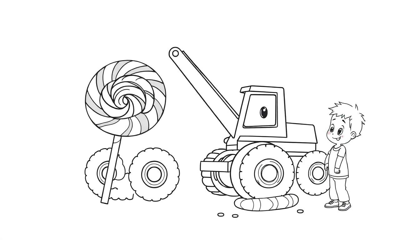 Disegno da colorare di un bambino che guarda una gru giocattolo e un lecca-lecca gigante.