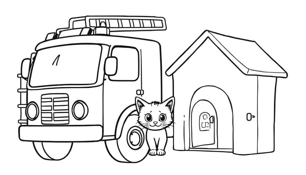 Disegno da colorare in bianco e nero di un camion dei pompieri, una cuccia per cani e un gattino.