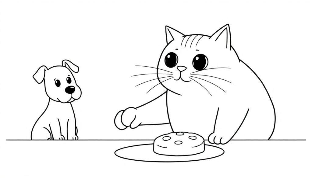 Disegno al tratto in bianco e nero di un cane piccolo seduto a sinistra che guarda un gatto più grande seduto a destra, il gatto ha una zampa su un biscotto.