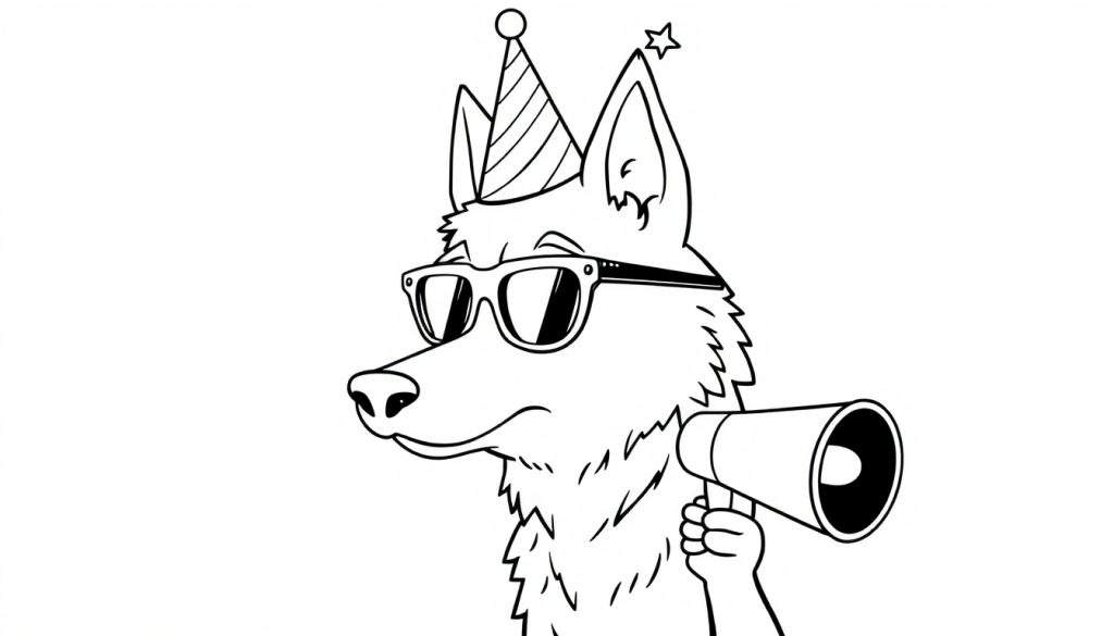 Disegno in bianco e nero di un cane lupo con cappello da festa, occhiali da sole e megafono.