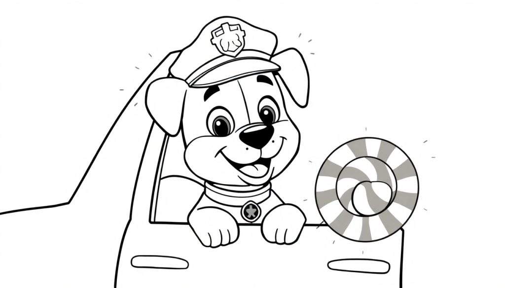 Disegno da colorare di un cane poliziotto sorridente con la lingua fuori, che tiene una lecca-lecca a spirale grigio e bianco mentre sporge dal finestrino di un'auto.