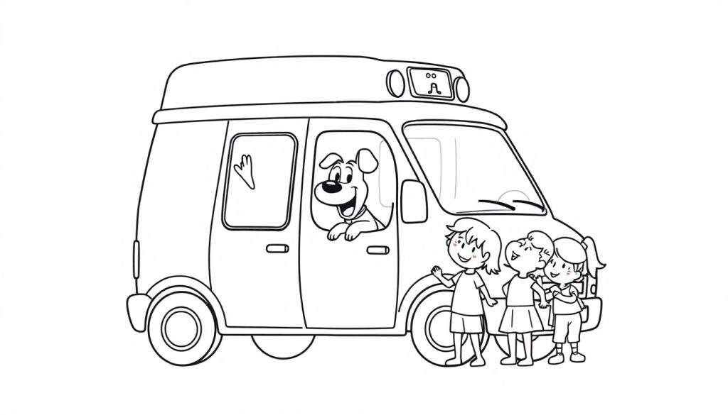 Disegno al tratto di un cane sorridente che spunta dal finestrino di un furgone, con tre bambine che salutano vicino. Disegno per bambini.