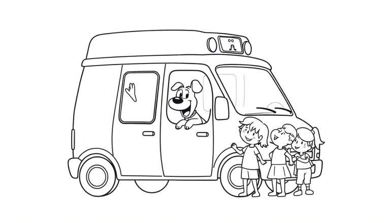 Disegno al tratto di un cane sorridente che spunta dal finestrino di un furgone, con tre bambine che salutano vicino. Disegno per bambini.