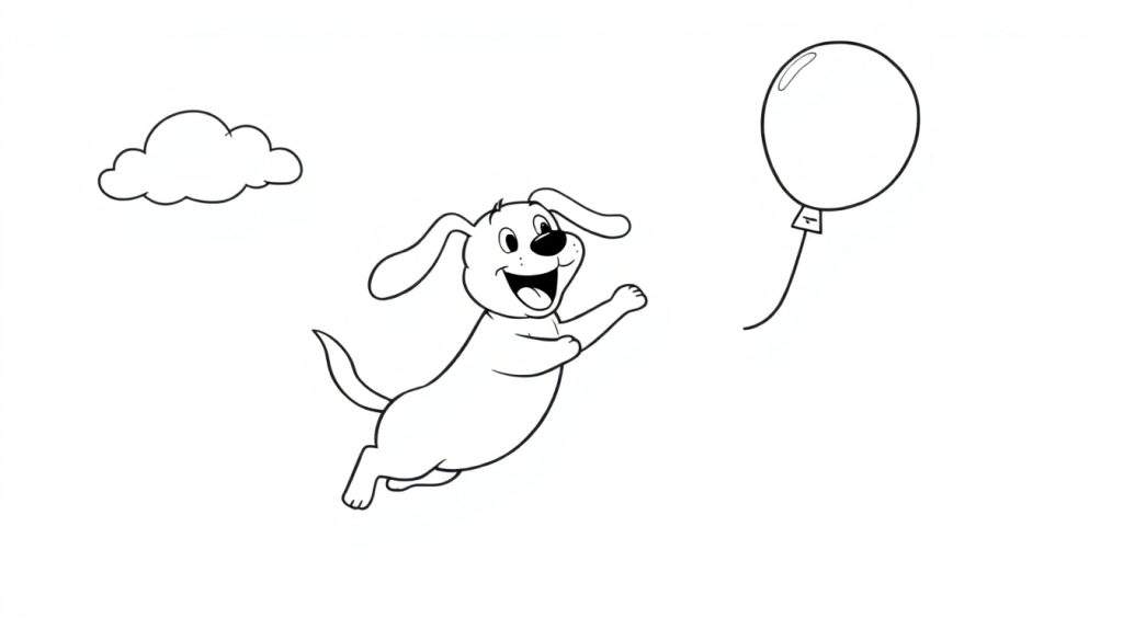 Disegno da colorare di un cane gioioso che salta per afferrare un palloncino, con una nuvola stilizzata sullo sfondo.
