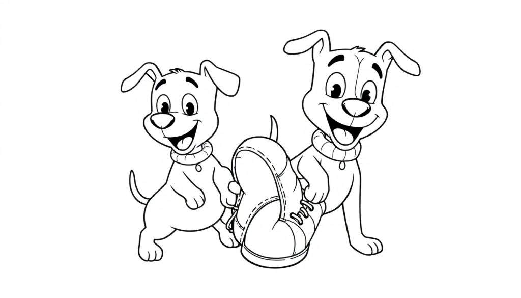 Disegno da colorare di due cani sorridenti che giocano con uno stivale.