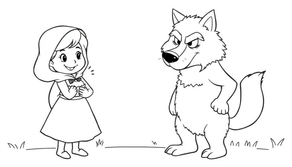 Disegno da colorare di Cappuccetto Rosso e il Lupo.