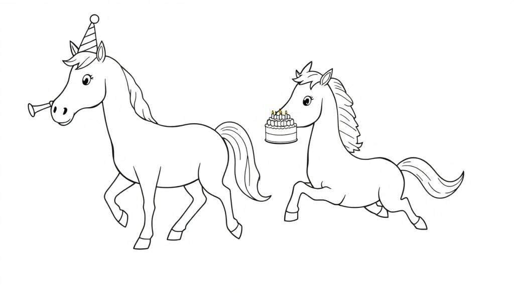 Disegno da colorare di due cavalli di cartone animato che festeggiano un compleanno.