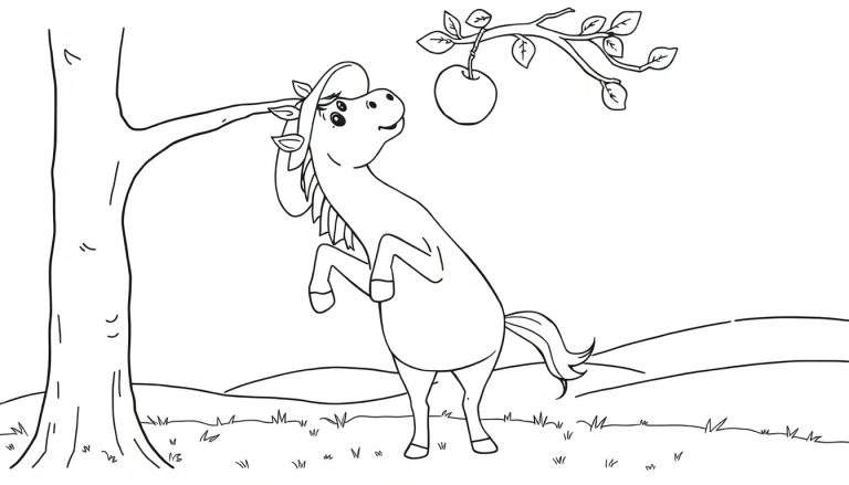 Disegno da colorare di un cavallino che si impenna per raggiungere una mela.