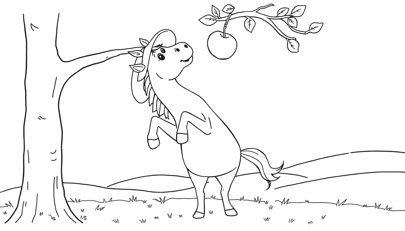 Disegno da colorare di un cavallino che si impenna per raggiungere una mela.