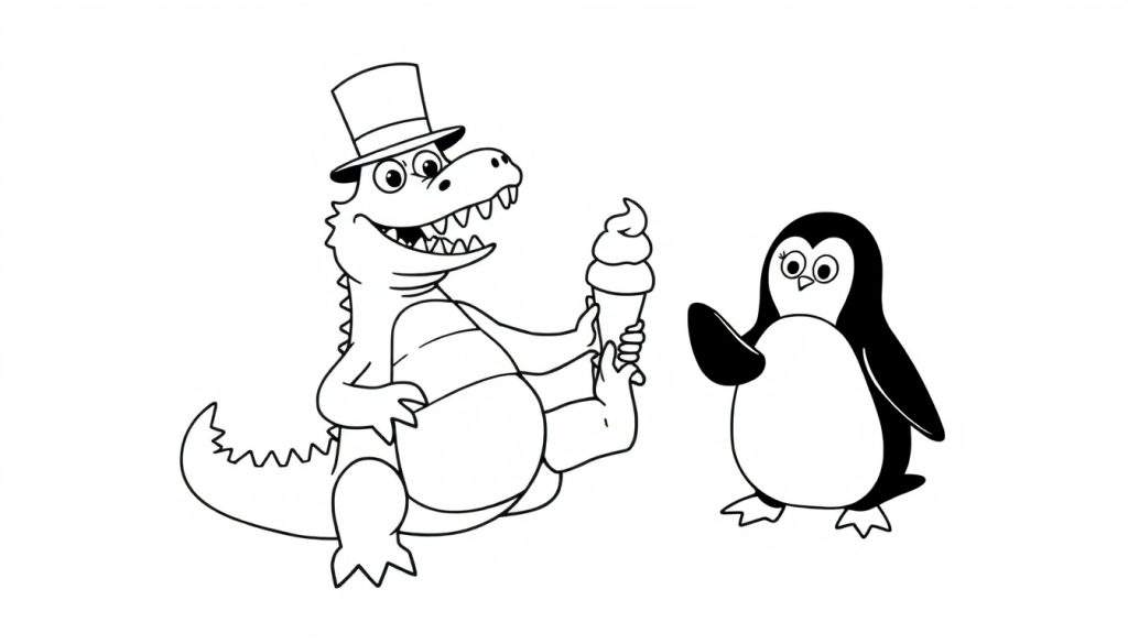 Disegno da colorare di un coccodrillo con cappello a cilindro che mangia un cono gelato accanto a un pinguino che agita un'ala.