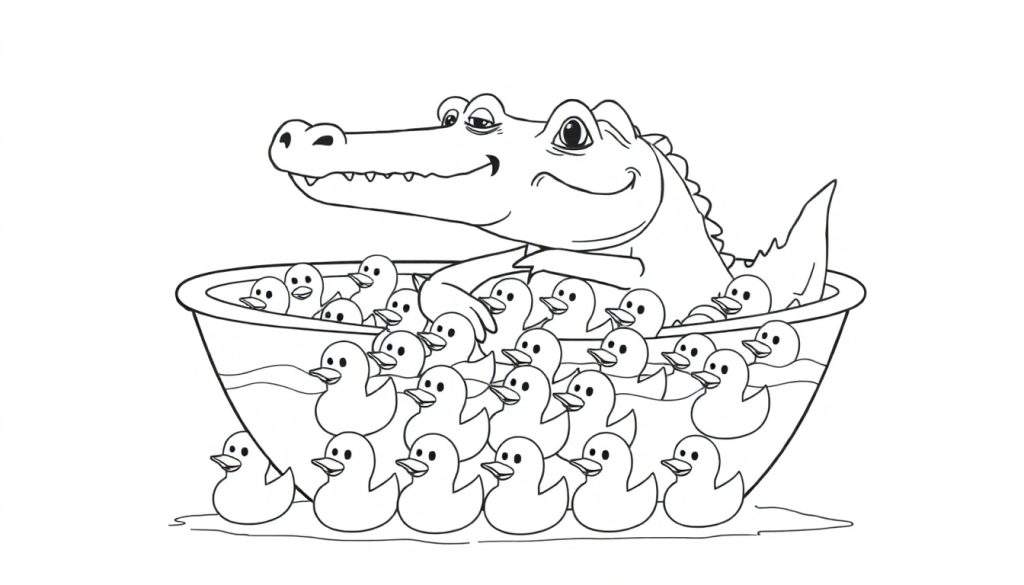 Disegno da colorare: coccodrillo sorridente in una vasca con paperelle di gomma.