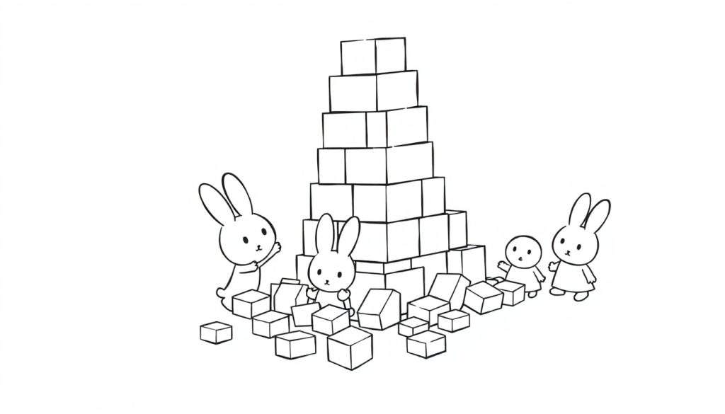 Disegno al tratto di quattro coniglietti con una torre di scatole impilate