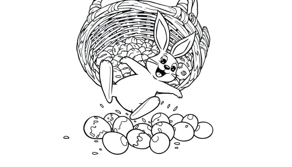 Disegno da colorare di un coniglietto che cade da un cesto pieno di uova.
