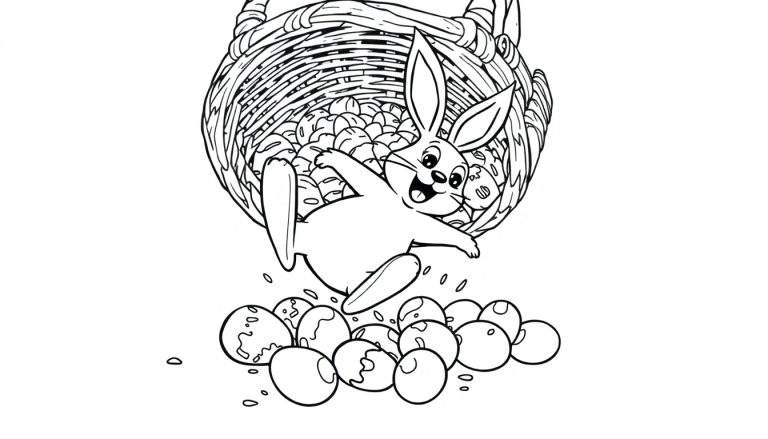 Disegno da colorare di un coniglietto che cade da un cesto pieno di uova.