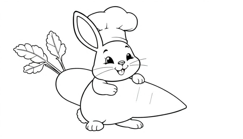 Disegno in bianco e nero di un coniglietto con cappello da chef seduto su una carota, con espressione felice e lingua fuori.