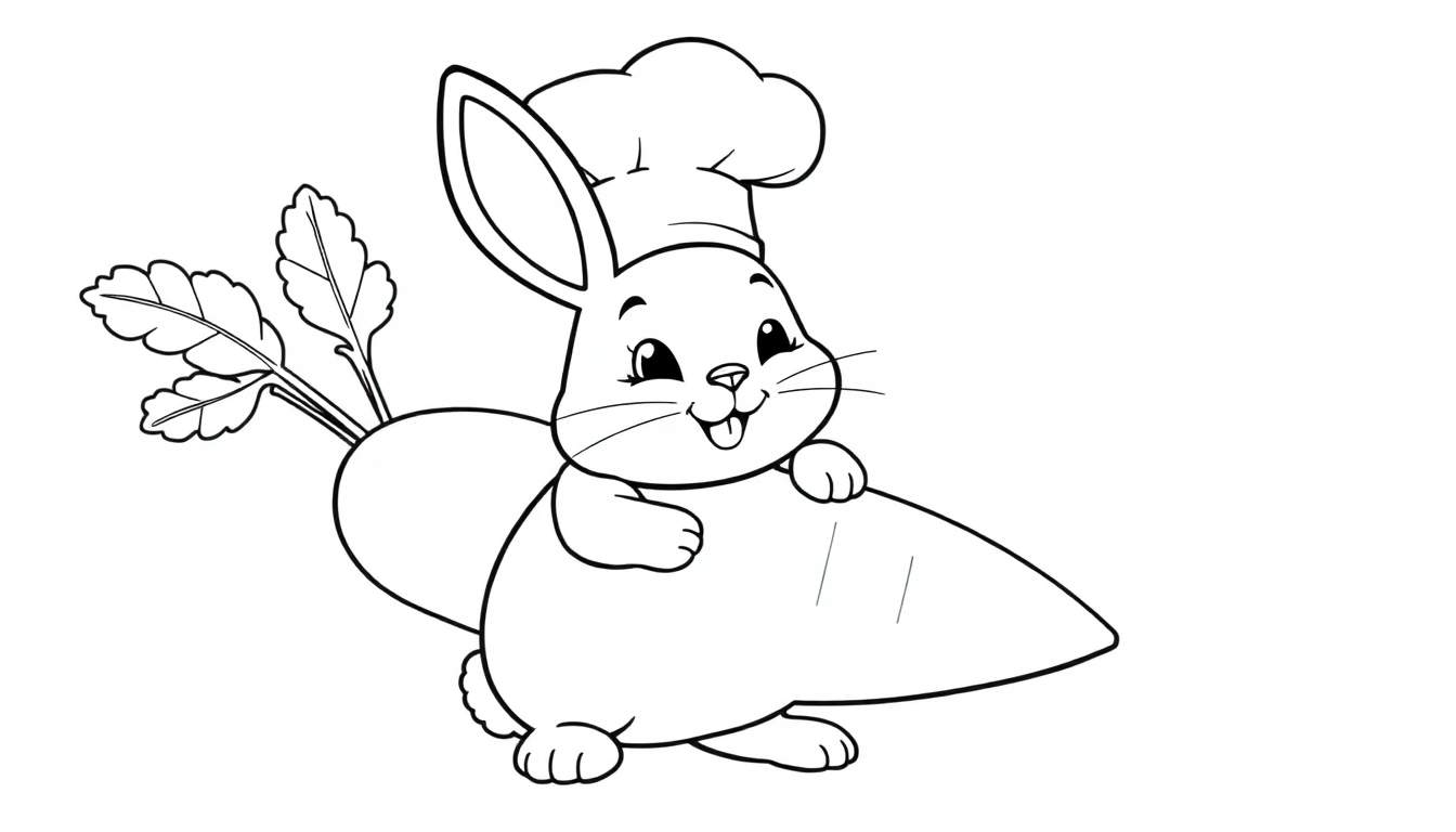 Disegno in bianco e nero di un coniglietto con cappello da chef seduto su una carota, con espressione felice e lingua fuori.
