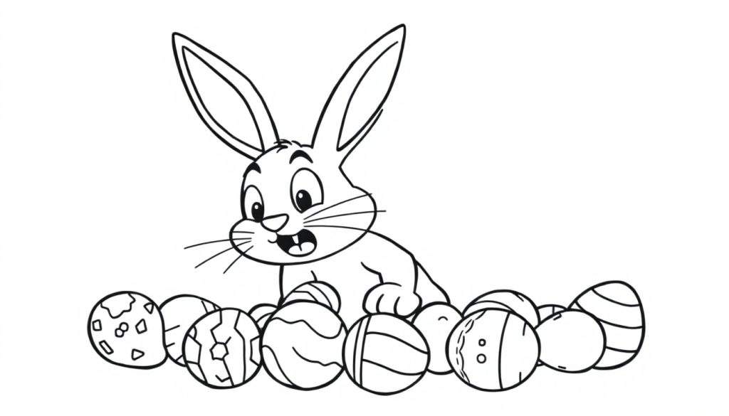 Disegno in bianco e nero di un coniglietto pasquale con orecchie dritte che spunta da dietro una fila di uova di Pasqua decorate.