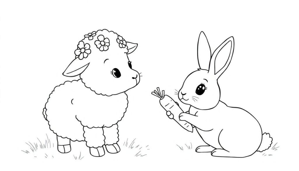 Disegno da colorare di un coniglietto con carota e una pecora con fiori in testa, seduti sull'erba.