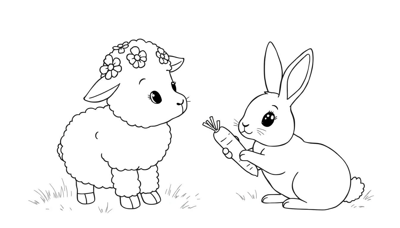 Disegno da colorare di un coniglietto con carota e una pecora con fiori in testa, seduti sull'erba.