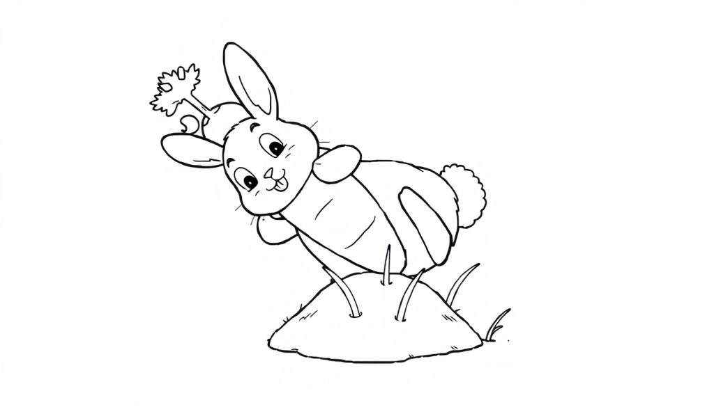 Disegno in bianco e nero di un coniglietto con cappello che salta con una carota sulla testa.