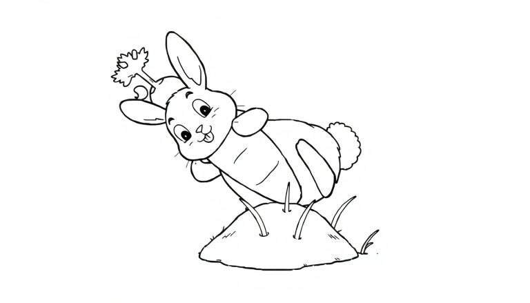 Disegno in bianco e nero di un coniglietto con cappello che salta con una carota sulla testa.