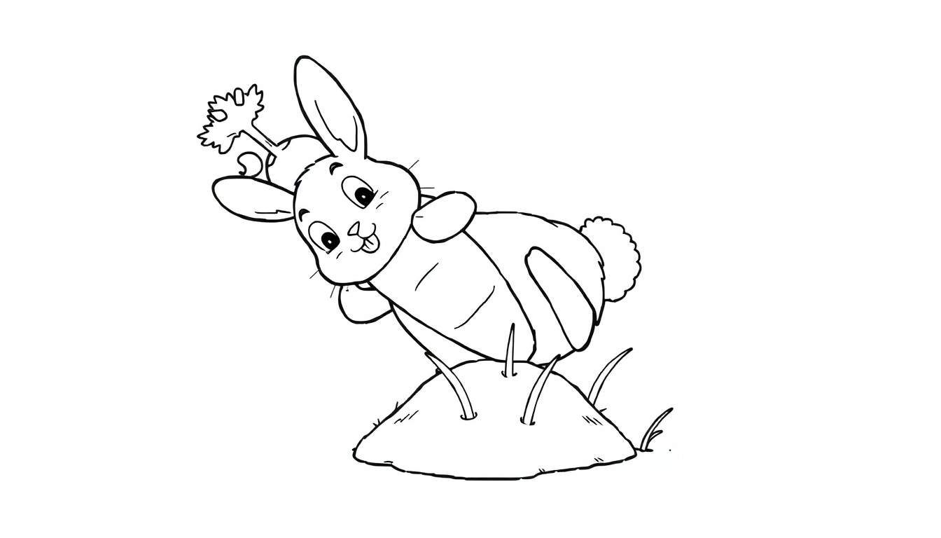 Disegno in bianco e nero di un coniglietto con cappello che salta con una carota sulla testa.