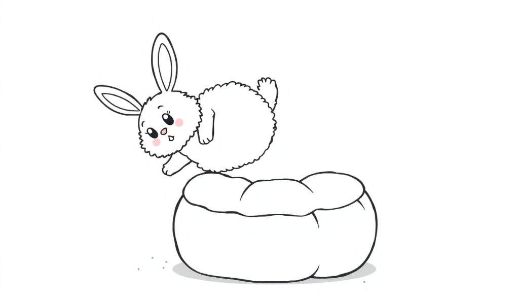 Disegno da colorare di un coniglio bianco con guance rosa che salta su un sacco a pelo bianco, con orecchie lunghe e coda soffice, su sfondo bianco.