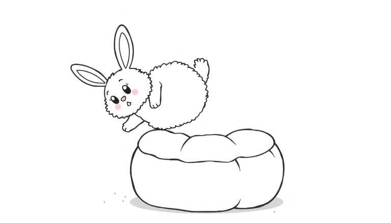 Disegno da colorare di un coniglio bianco con guance rosa che salta su un sacco a pelo bianco, con orecchie lunghe e coda soffice, su sfondo bianco.