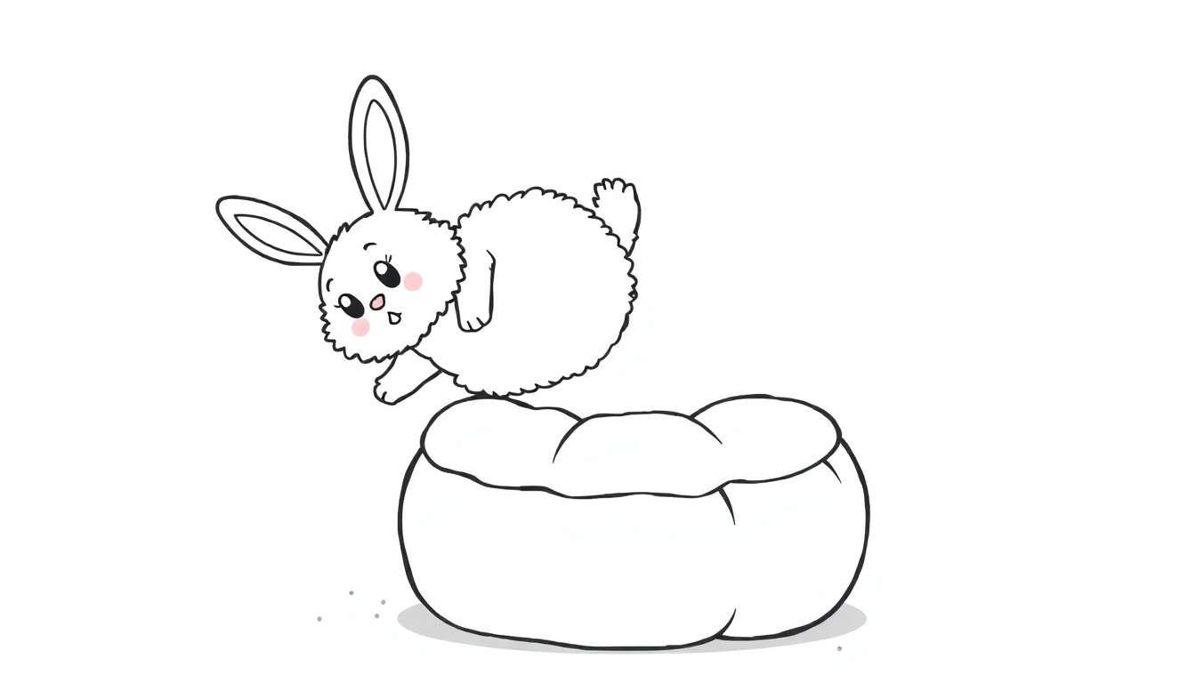 Disegno da colorare di un coniglio bianco con guance rosa che salta su un sacco a pelo bianco, con orecchie lunghe e coda soffice, su sfondo bianco.