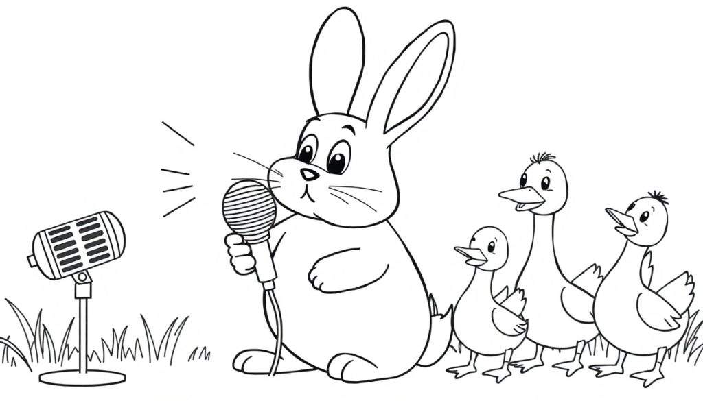 Disegno da colorare di un coniglio che canta al microfono, con tre anatroccoli che ascoltano. Onde sonore escono dal microfono del coniglio.