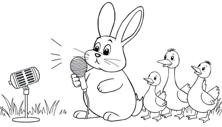 Disegno da colorare di un coniglio che canta al microfono, con tre anatroccoli che ascoltano. Onde sonore escono dal microfono del coniglio.