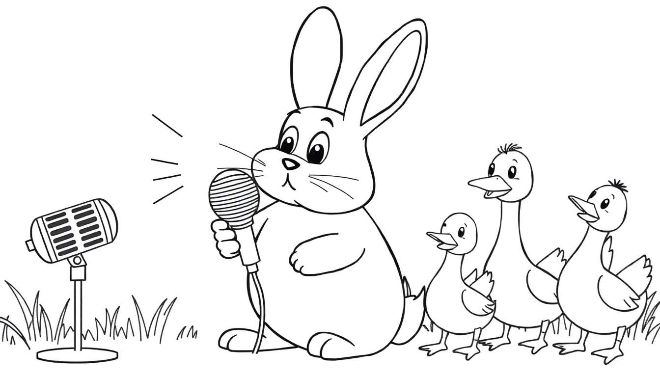 Disegno da colorare di un coniglio che canta al microfono, con tre anatroccoli che ascoltano. Onde sonore escono dal microfono del coniglio.