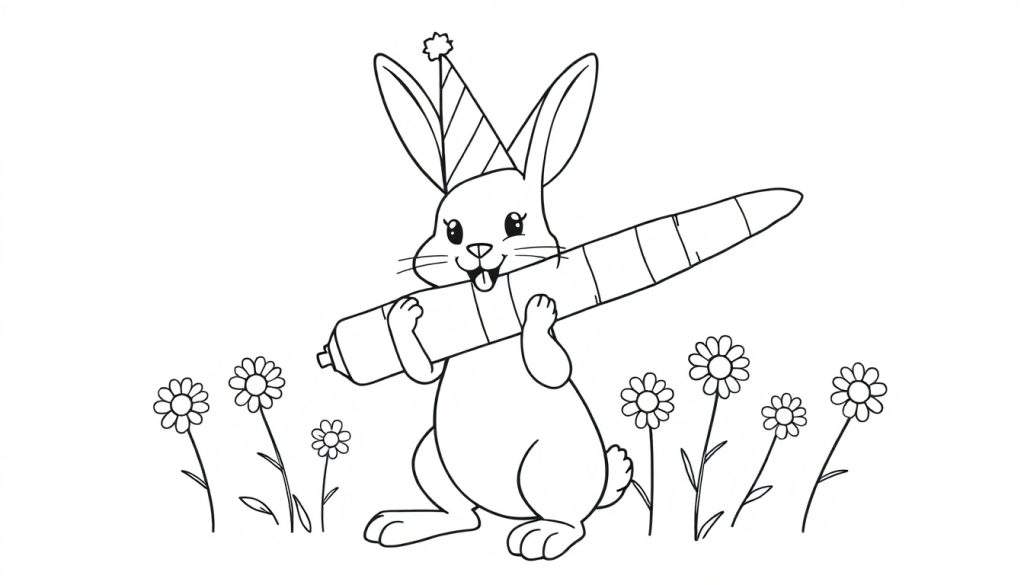 Disegno da colorare di un coniglio con cappello da festa che tiene una carota, con fiori intorno.