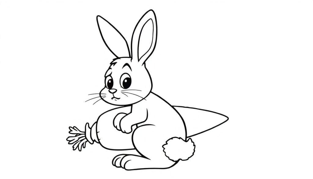 Disegno da colorare di un coniglio di cartone animato con un sacchetto di carote, espressione malinconica, contorno spesso.