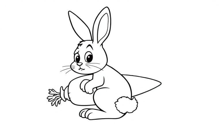 Disegno da colorare di un coniglio di cartone animato con un sacchetto di carote, espressione malinconica, contorno spesso.