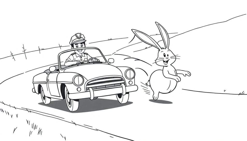 Disegno da colorare di un coniglio che corre felice su una strada, inseguito da un poliziotto su un'auto d'epoca con un sorriso.