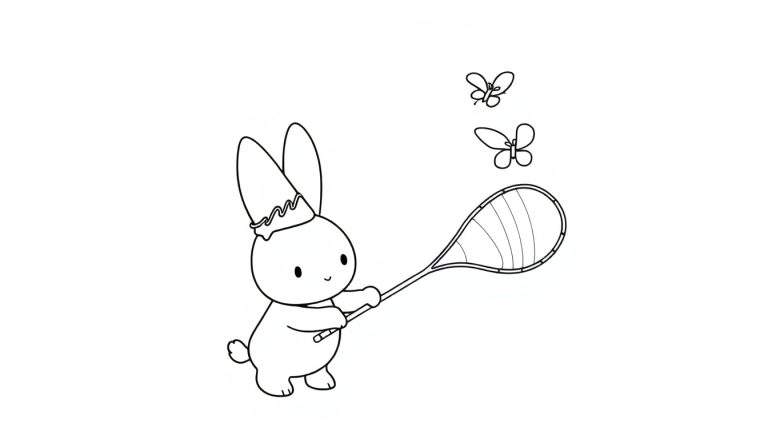 Disegno da colorare di un coniglio amichevole che tiene un retino per farfalle, con due farfalle che volano sopra. Linee semplici in bianco e nero.
