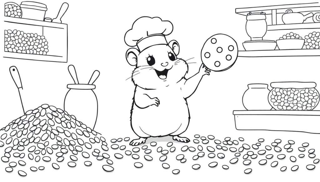 Disegno da colorare: criceto chef con cappello da cuoco che tiene un biscotto bucato, circondato da fagioli e ingredienti in cucina.